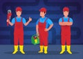 Plumbers with tools cartoon flat character, vector illustration.